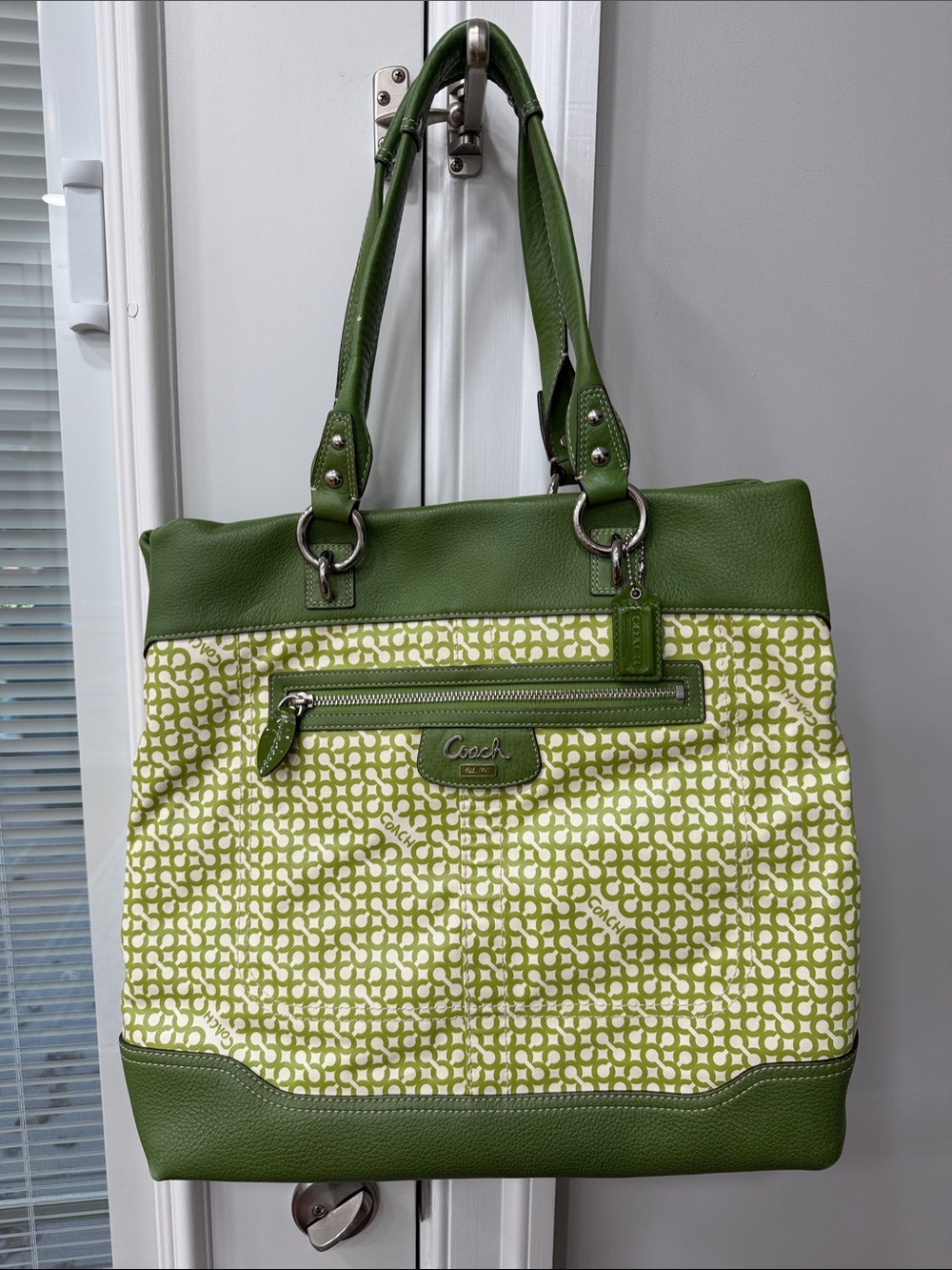 Coach Green Signature Canvas Tote with Olive Leather Trim